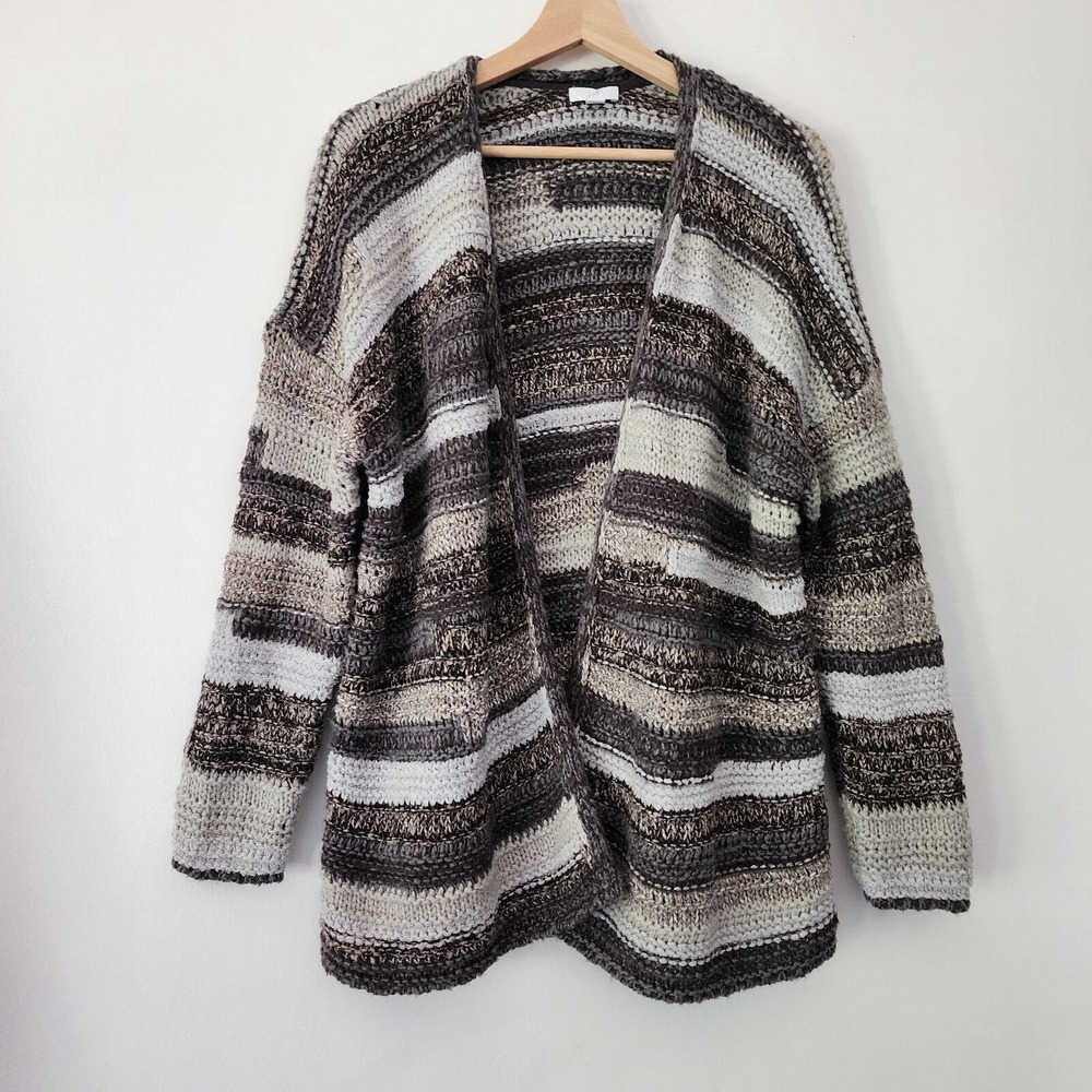 J. Jill Cardigan Grey Brown Striped Space Dye Open Front Womens Medium Petite